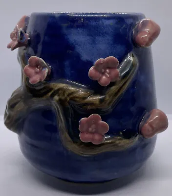 $5.99 • Buy Cobalt Blue Artisan Wheel Thrown Pottery Studio Art Applied Pink Flowers On Vine