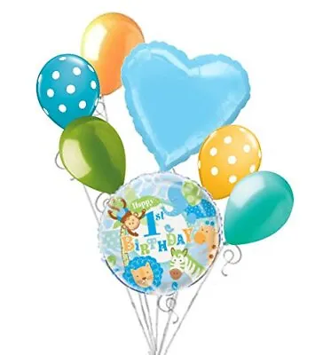 7 Pc Blue Safari Happy 1st Birthday Balloon Bouquet Party Decoration Monkey Boy • $12.99