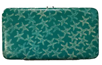 Teal Starfish Wallet Women's Hard Case Clutch ID Cards Coin Framed Black Lined • $14.98