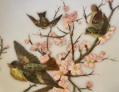 Mt. Washington Satin Opaline Glass Hand Painted Plate-Cherry Blossoms & Birds • $75