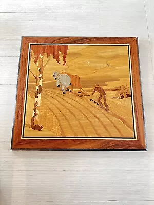 Vintage 1992 Marquetry Picture Farmer Working A Field With Horses  Signed • $45.50