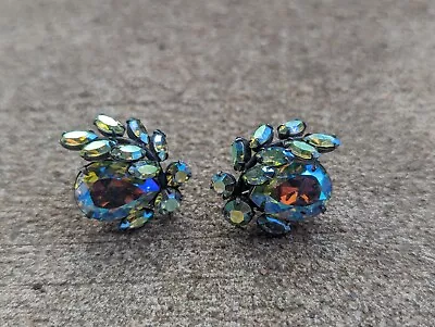 Vintage VENDOME Earrings Blue Crystal Aurora Borealis Clip On Signed G4 • $19.99