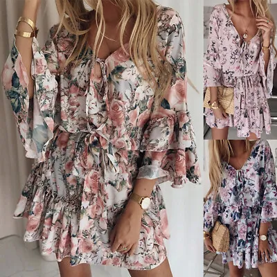 $25.69 • Buy Women Floral Print Mini Ruffle Summer Dress Ladies Short Sleeve Holiday Sundress