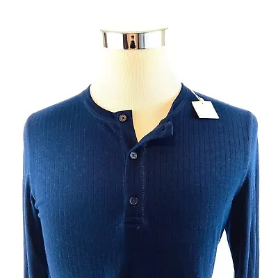 Vince Ribbed Viscose Blend Crewneck Long Sleeve Henley Shirt Navy Mens XXL NWT • $8.99