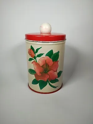 Vintage Red Hibiscus Floral Metal Kitchen Canister| Shabby Chic | 1950s • $11.99