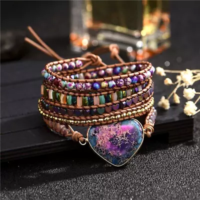 Sea Sediment 5 Strands Healing Reiki Women Braided Boho Heart Wrap Bracelet Gift • $18.98