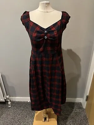 Ladies Collectif Dolores Tai Tartan Burgundy Navy 50s Swing Retro Dress Size 14 • £10