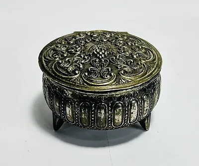 Vintage Ornate Silver Plated Metal Trinket Box Footed Round Japan Vanity Japan • $12.88