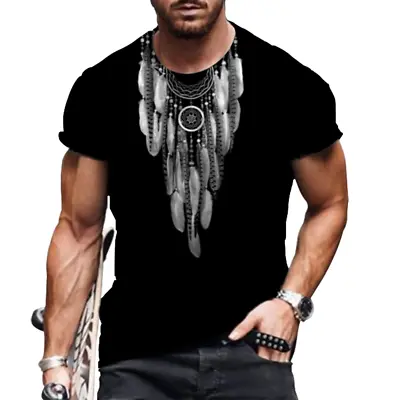 T Shirt Native American Indian Ethnic Feather Decor Black Fashion Graphic Casual • $18.86