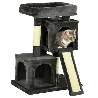 PawHut Cat Rest & Play Activity Tree W/ 2 House Perch Scratching Post Black • £35.99