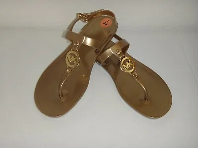 MICHAEL KORS Gold Jelly Thongs Flat Sandals Slingbacks MK Logo US Size 8  10 • $69.99