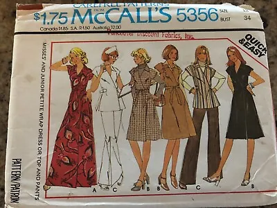 🌸 1976 McCALL'S #5356 - LADIES TWO LENGTH WRAP DRESS-TOP & PANTS PATTERN 12 FF • $13.29