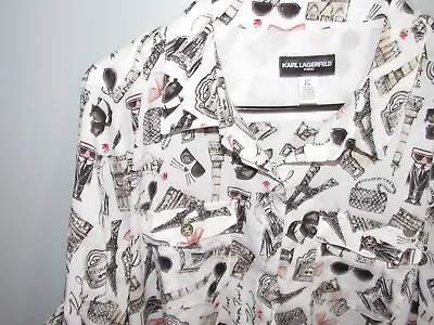 KARL LAGERFELD Shirt Womens Large White Button Up Polyester Paris Theme Roll Slv • $18.99