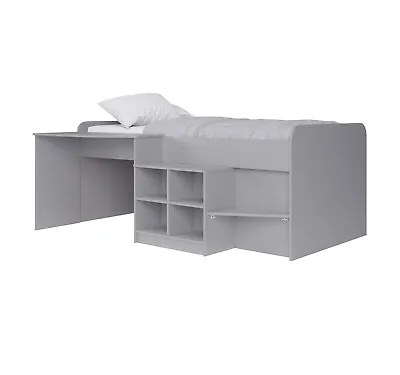 Children Child Single Storage Mid Sleeper With Built In Desk Bookcase White Grey • £225