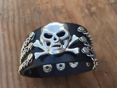 Black Punk Men Women Skull Chain Wide Leather Bracelet Cuff Wristband Bangle • $8.89