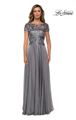 LA FEMME NEW $378 Lace Bodice Floor Length Evening Gown In Platinum Size 18 • $109.99