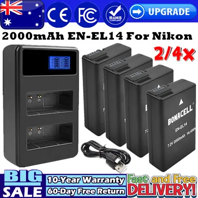 2/4x 2000mAh EN-EL14 Battery / Charger For Nikon D3100 D3200 D5100 D5300 D5500 • $65.99