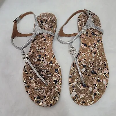 Tory Burch Womens Size 8 Silver Metallic Leather T Strap Thong Slingback Sandals • $17.99