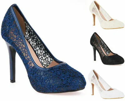 Womens Floral Lace Stiletto High Heel Full Toe Wedding Evening Court Shoes 3-8 • £19.99