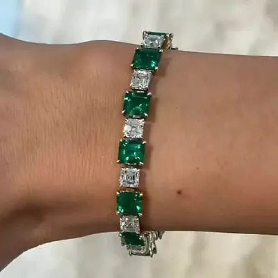 22Ct Colombian Emerald & Asscher Simulated Diamond Bracelet 14k White Gold Over • £169.60