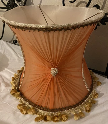 £68 • Buy VINTAGE ANTIQUE 1930s DOWNTOWN ABBEY LAMP LIGHT ORANGE FRILL RUFFLED SHADE Vgc