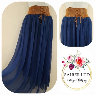 £21.24 • Buy Vintage Skirt Size 10 Blue Sheer Floaty Long Maxi Brown Elastic Corset Boho