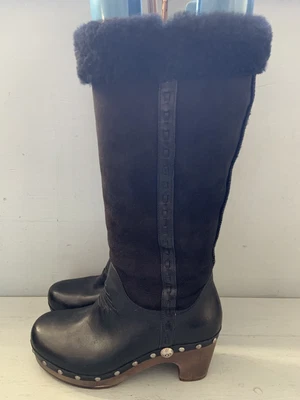 £120 • Buy UGG® Australia Black Leather Suede Knee High Wooden Clog Boots UK 4 RRP £250