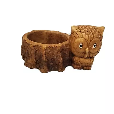 Vintage Owl And Tree Stump Planter Faux Wood Brown 80's Catch All Big Eye Head • $5