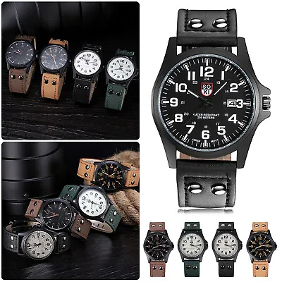 Mens Leather Strap Watch Quartz Analog  Wristwatch Sport Casual Wrist Watches • £6.99