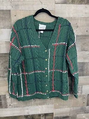 Izod Vintage Hand Knit Cardigan Sweater Green White Red Size Large • $24.98