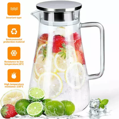 1.8L/1.5L Glass Pitcher&Jug Water Juice Carafe Cocktail Kettle With Lid Cold/Hot • £15.99