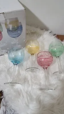 4 Balloon Wine Glasses Multi Colored Striped Etched Iridescent Hand Blown  8.5” • $24.99