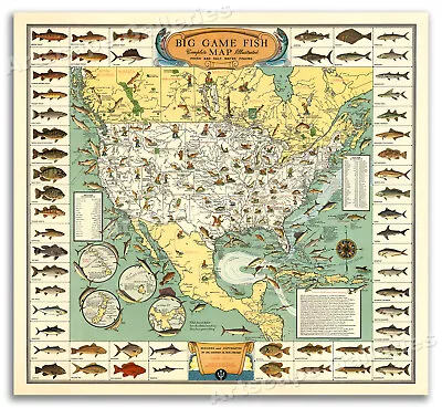 Big Game Fish Map - 1930s Vintage Fishing Map Art Print Poster - 16x17 • $13.95