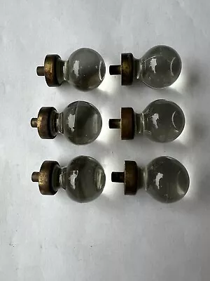 6 Vintage Brass Clear Glass 1” Round Drawer Pulls Cabinet Knobs Salvaged • $18