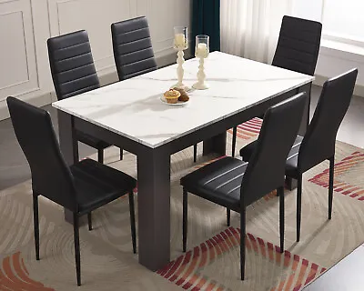 Wooden Dining Table Set With 4 / 6 Pu Leather Chairs Seat Kitchen Room Furniture • £189.99