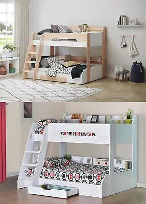 £519.99 • Buy Wooden Bunk Bed Frame Triple Bunk White Oak Shelving Storage Childrens Flick