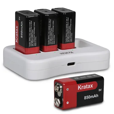 4 Pack 9 Volt Li-ion Rechargeable Battery With Battery Charger 850mAh 9v Lithium • £41