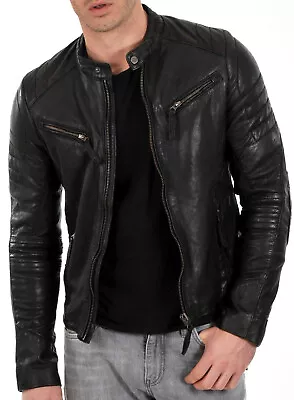 Cafe Racer  Leather Jacket Soft Real Sheep Napa Leather Biker Style • $89.99