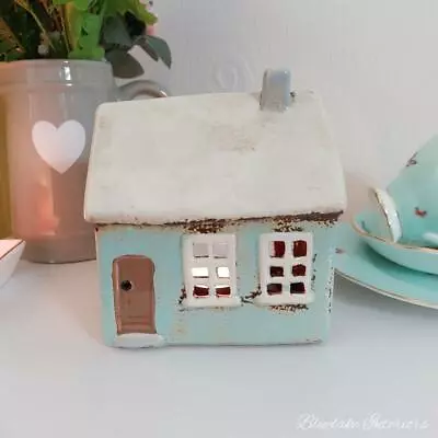 £10.45 • Buy Duck Egg Blue & Cream Village Pottery House Ceramic Tea Light Candle Holder