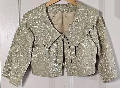 VTG 50's Women's Sage Green Tan Short  Jacket Brocade 3/4 Sleeves Size S? • $23.60