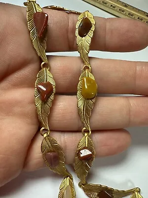 $20 • Buy Vintage Necklace Leaf Station Link Chain Stone Accent Fall Colors 22inches Metal