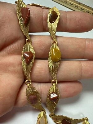 $20 • Buy Vintage Necklace Leaf Station Link Chain Stone Accent Fall Colors 22inches Metal