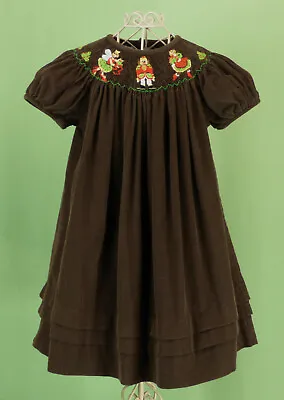 Vive La Fete Toddler Girl DRESS  Smocked Bishop Brown Corduroy Christmas EUC 18M • $15.92