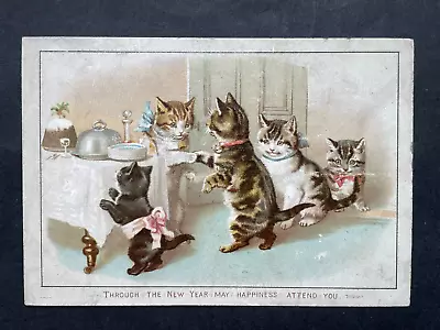 Victorian Greeting Card Cats Kittens Being Greeted For A Xmas Dinner • $3.74