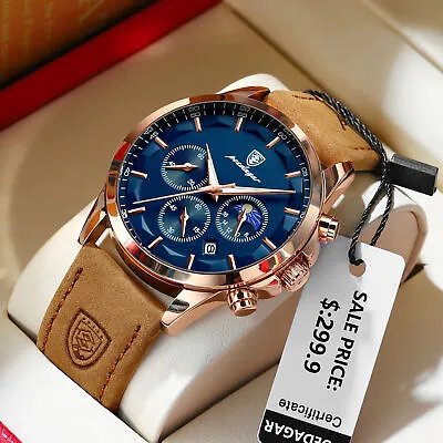 Men's Chronograph Quartz Watches Waterproof Luminous Date Leather Wristwatch UK • £16.99