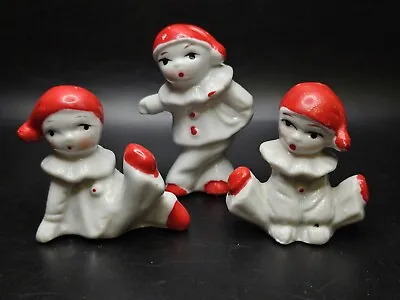 3 Vintage Miniature Pierrot Christmas Clowns Red White Hand Painted Pixie Elves • $28
