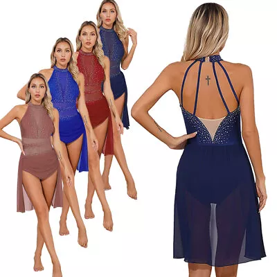 UK Womens Mesh Ballet Leotard Dress Halter Neck Backless Lyrical Dance Costume • £7.59