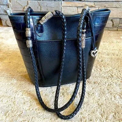 Brighton Vintage Black Leather Bucket Purse Handbag Shoulder Croc Embossed • $99.95