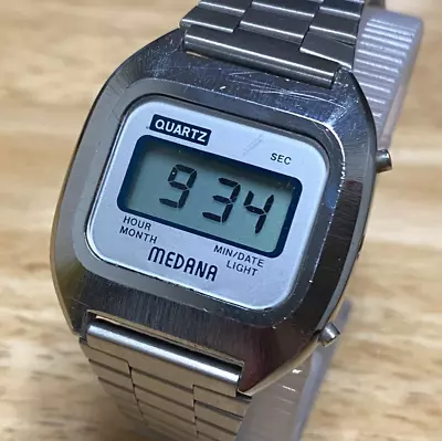 Vintage Medana Quartz Watch Men Silver Steel Band LCD Digital Date New Battery • $34.19