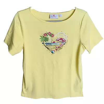 Quacker Factory Heart Scene Boat Neck Short Shirt Yellow Beach L New • $27.99